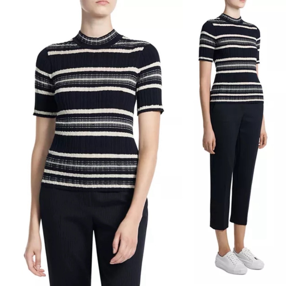Theory Striped Ribbed Bering Sweater in Ecru/Dark Navy Size M